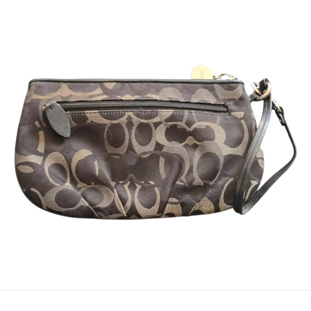 Coach Signature Sateen Pleated Black Gray Tan Wristlet